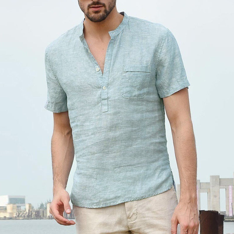 European and American hot sale men's solid color stand-up collar semi-open thin short-sleeved shirt tops foreign trade men's clothing