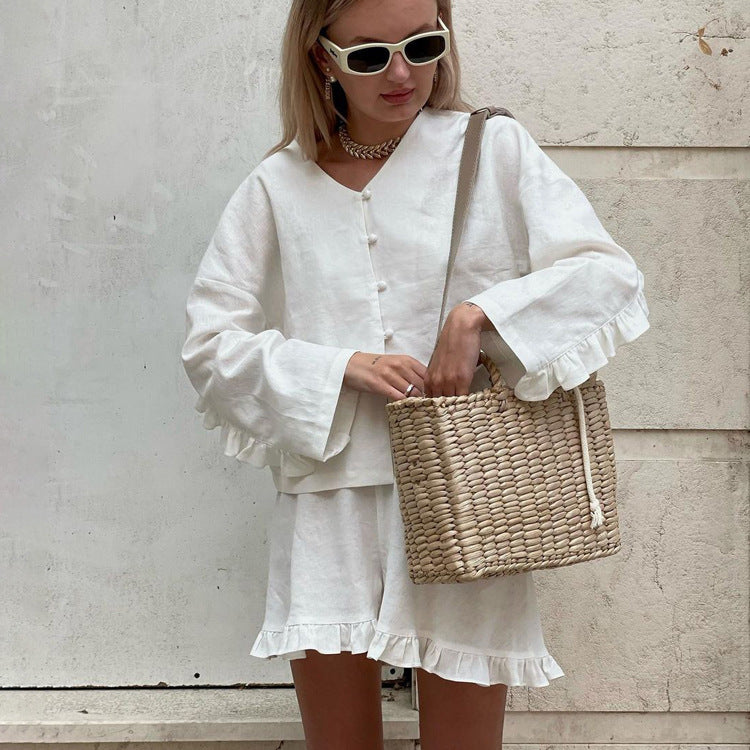 2023 Foreign Trade Women's Summer New Suit Beige Long Sleeve Loose Casual Shirt High Waist Shorts Two-Piece Set