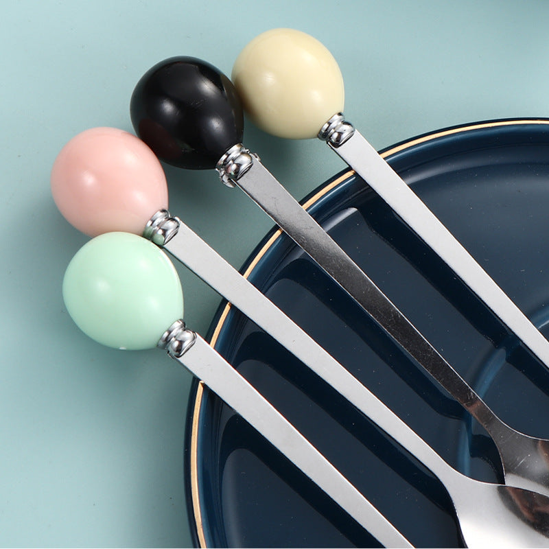 macaron colorful bead handle spoon creative stainless steel fruit fork color glazed stainless steel plastic handle spoon ins