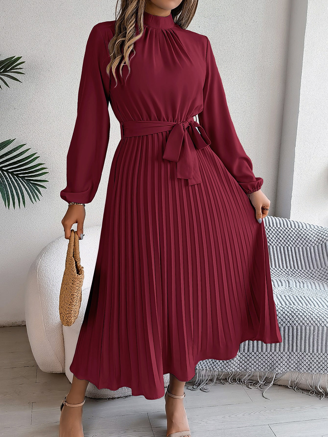 2024 Europe and the United States Fall/Winter Elegant Stand-up Collar Long Sleeve Cinched Waist Pleated Long Skirt Small Dress Amazon Cross-border Women's Wear