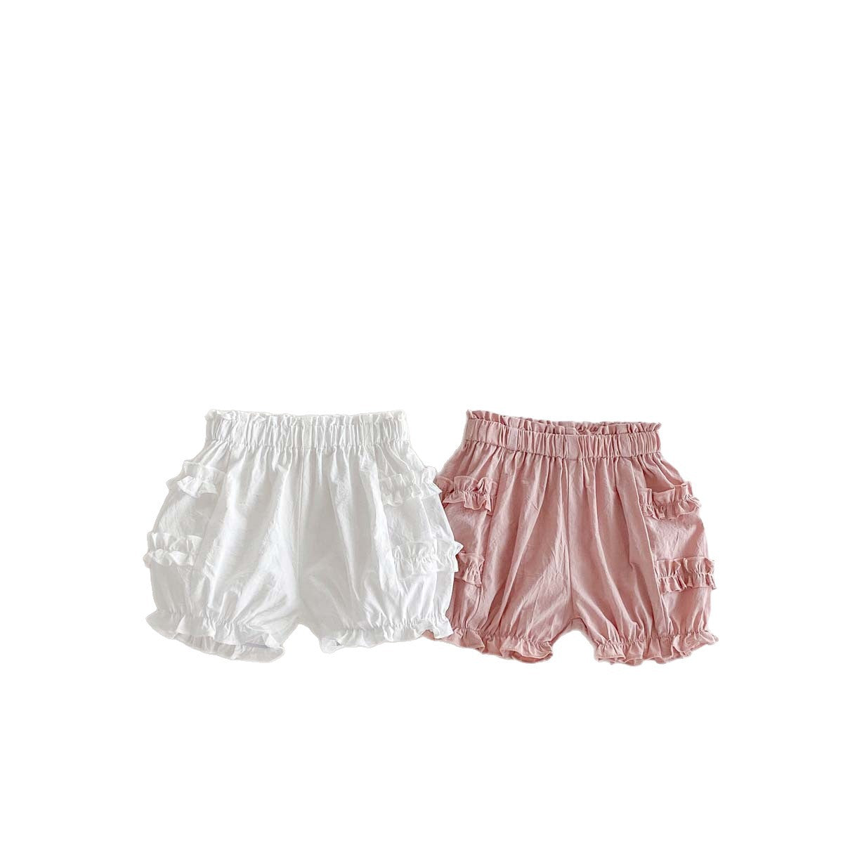 Baby summer thin cotton bud pants shorts, baby girls solid color fungus edge, sweet casual pants are versatile