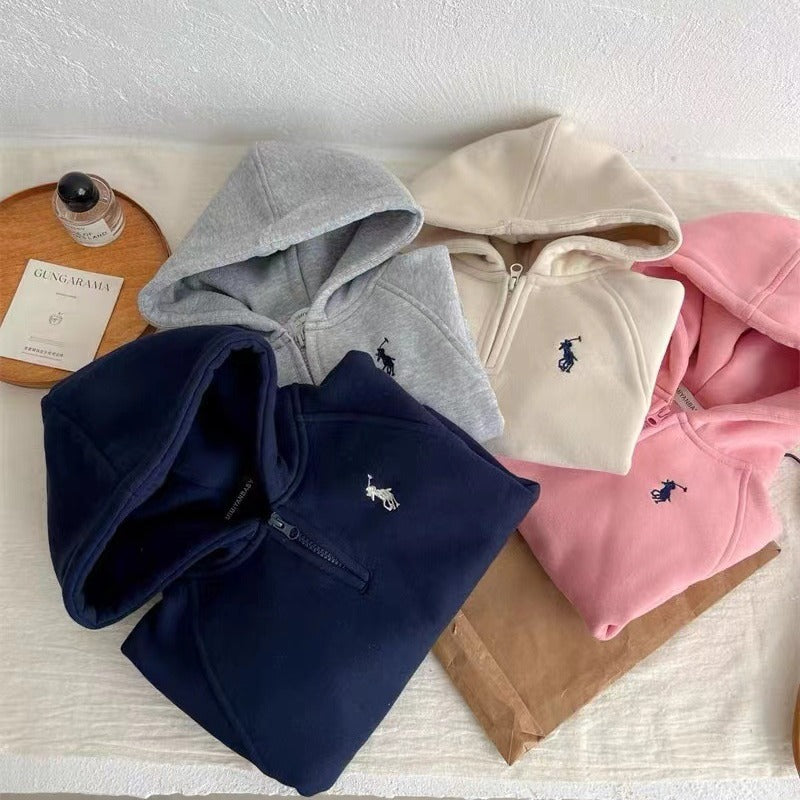 Boys and girls children's set 23 winter new men's and girls' half-zipper velvet hooded sweatshirt baby sweatpants two-piece set
