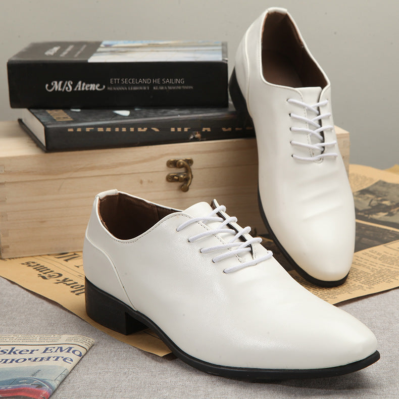 Leather shoes spring and summer korean white pointed scalp shoes lace-up men's business formal wear photo studio photography british casual shoes