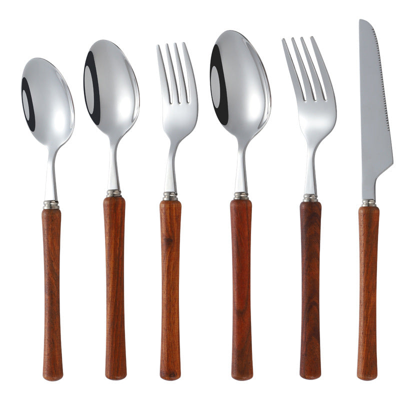 Japanese style 304 stainless steel knives, forks and spoons, high-grade wood-handled tableware, household high-value wood-handled steak knives, dessert spoons