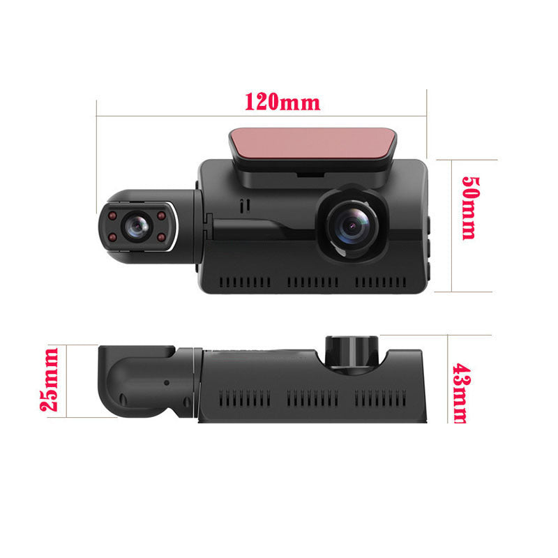 Cross-border vehicle front and interior 3-inch driving recorder HD dual-lens dual-recording 360-degree car camera 1080P