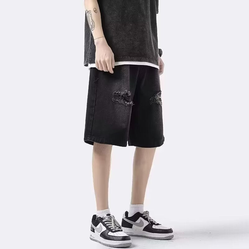 Ripped denim shorts, men's summer thin American high street fashion brand wear straight pants, handsome casual five-point pants