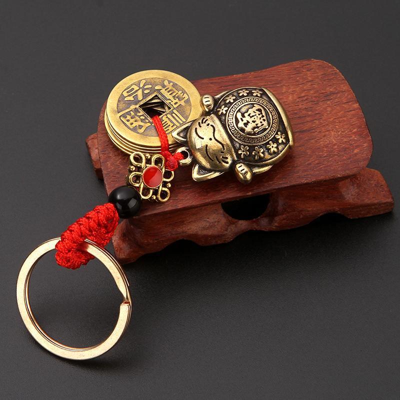 Brass Lucky Cat Five Emperor Money Keychain Copper Lucky Car Pendant Cute Keychain Birthday Gift Ornament