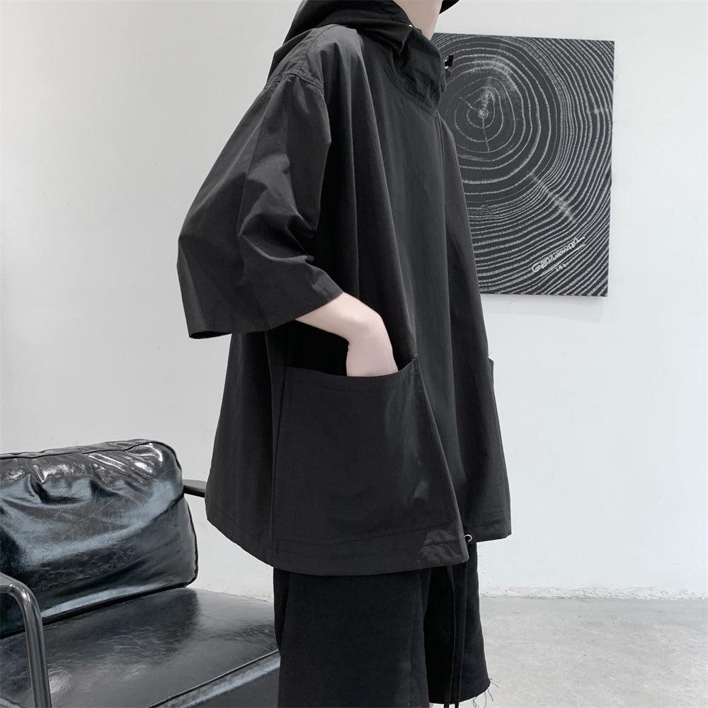 Summer Hooded Short Sleeve T-Shirt Men's Loose Quarter Sleeve Sweatshirt Trendy Trench Coat Type Pullover Medium Sleeve Clothes Summer Dress