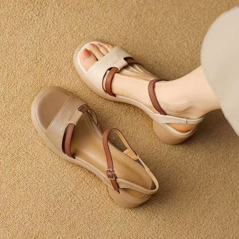 Soft leather platform sole strap sandals women's 2025 new summer soft sole thick heels are not tiring to work and wear with skirts