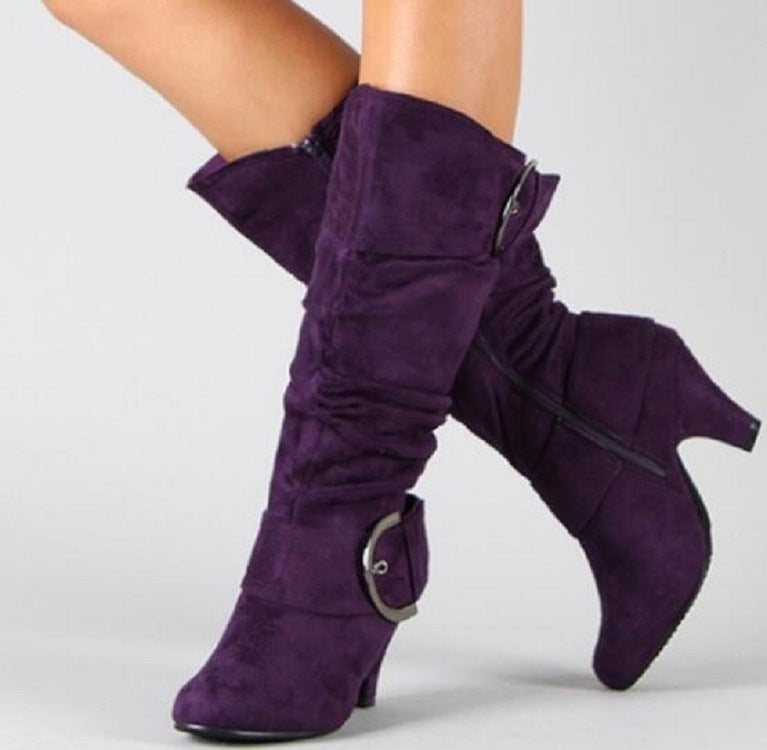 Buckle pleated knee-high boots Fall Winter 2022 suede comfort design heeled boots Plus size women's boots