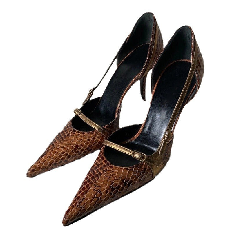Niche design pointed-toe stiletto snakeskin print heels women's 2024 new vintage babes with belt buckle hollow sandals