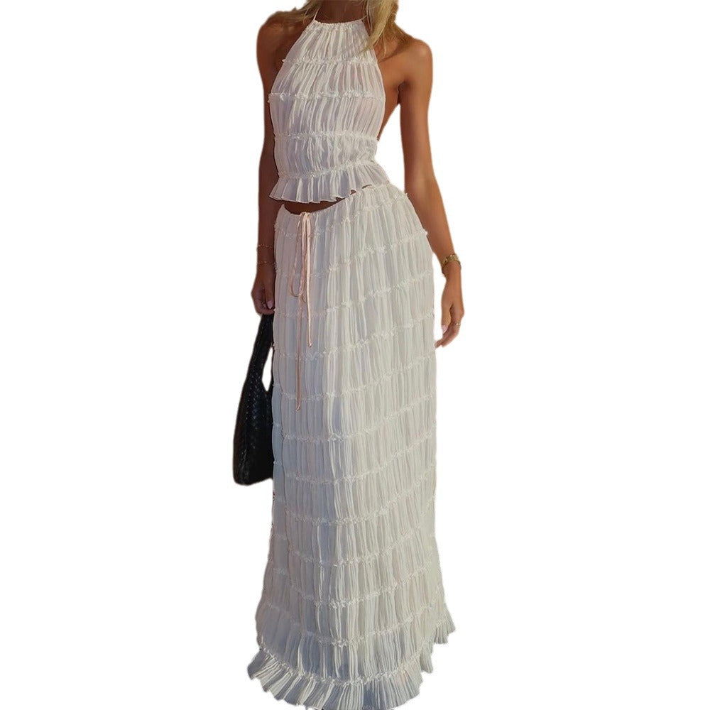 Cross border 2024 summer foreign trade sexy backless halterneck tie pleated lace vest resort style maxi skirt set