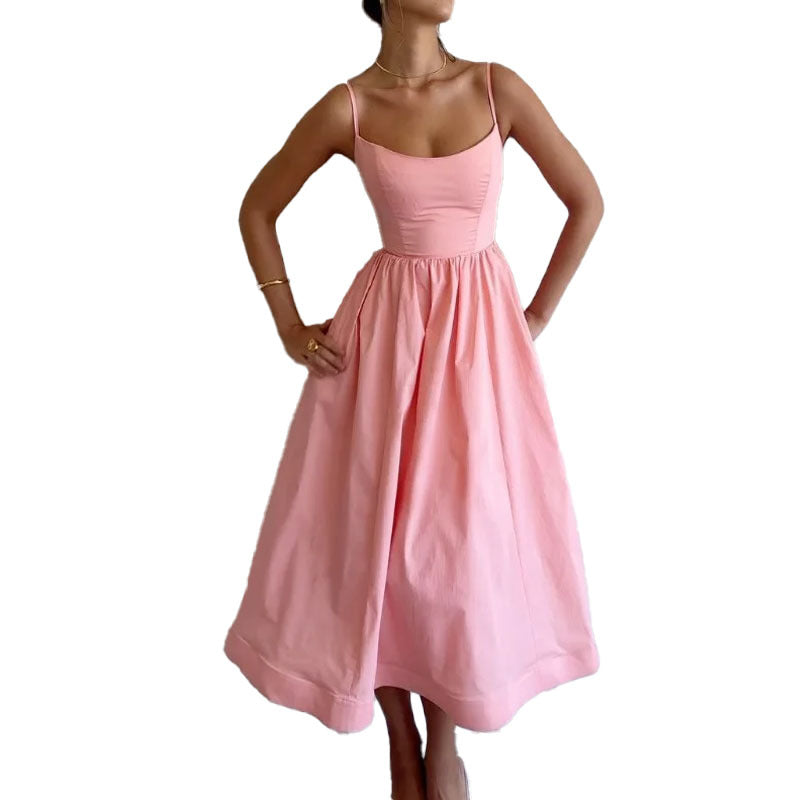 2024 European and American women's foreign trade spring and summer new products solid color sexy U-neck cinched waist pleated suspender large swing dress