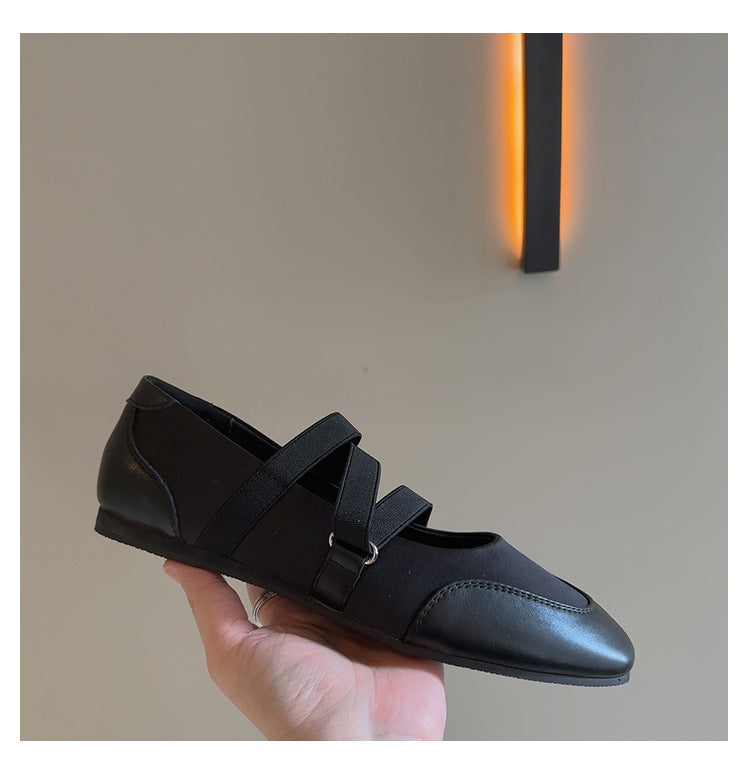 Flat Shoes Women's Square Toe 2025 New Spring Pumps Mary Jane Ballet Shoes with Elastic Band Silver Soft Soled Singles