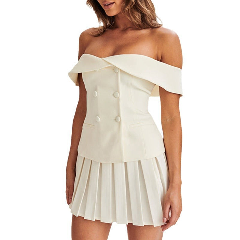 Spot European and American cross-border women's clothing 2024 summer new fashion off-the-shoulder double-breasted top pleated skirt set