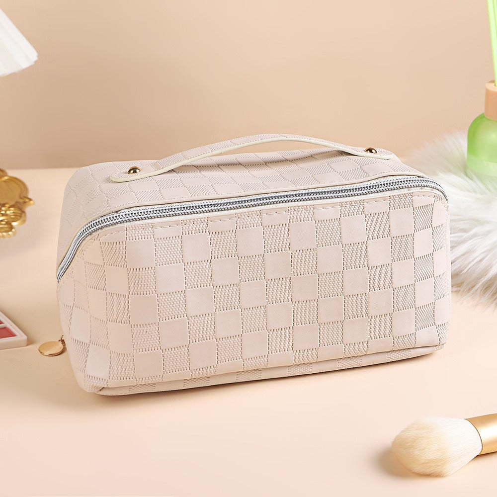 Cross-border hot PU leather cosmetic bag multi-functional checkerboard pillow bag large capacity waterproof travel portable toiletry bag
