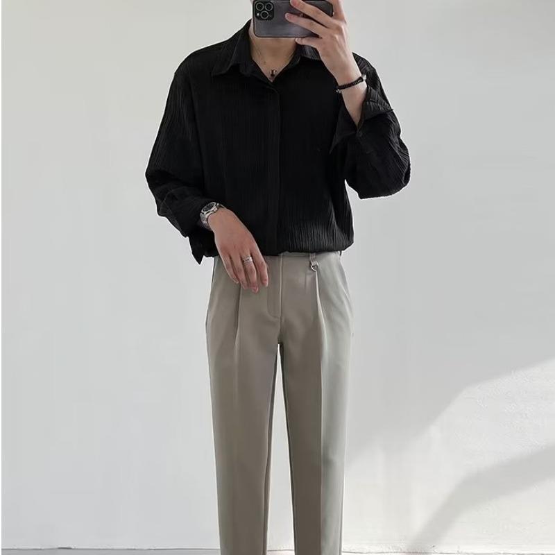 Textured tops Korean version loose casual long-sleeved shirt men's trendy handsome striped non-ironing shirt autumn