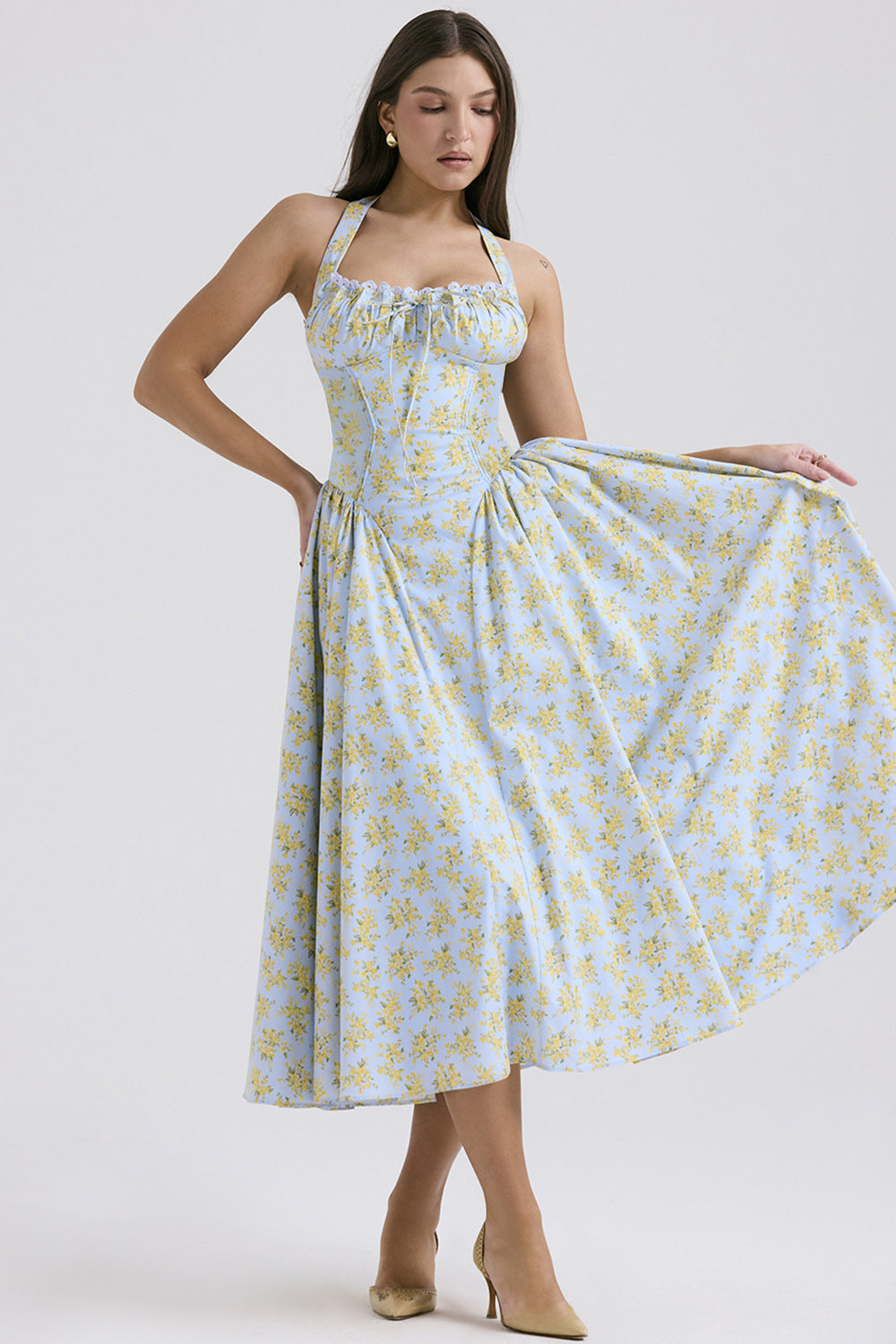 2025 New Summer Slim Slip Long Skirt European and American style fashion print halterneck lace dress