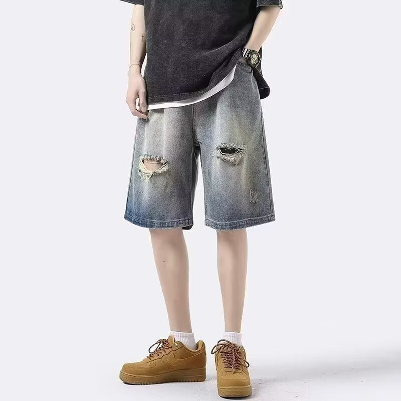 Ripped denim shorts, men's summer thin American high street fashion brand wear straight pants, handsome casual five-point pants