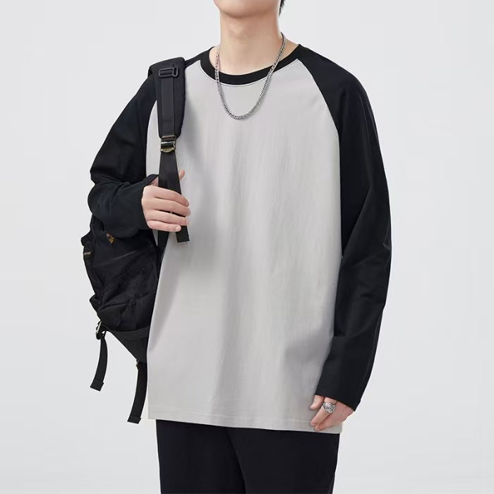 Heavy raglan cotton long sleeve t-shirt men's American contrasting stitching base layer shirt loose crew neck unisex long-sleeved T