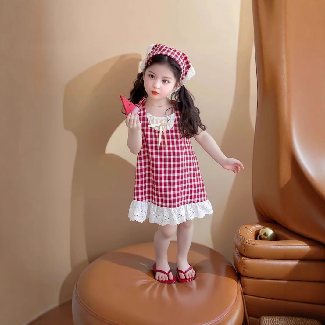 2025 New Summer Girls Girls Children's Sleeveless Lace Plaid Skirt Red Princess Foreign Style Dress Plaid