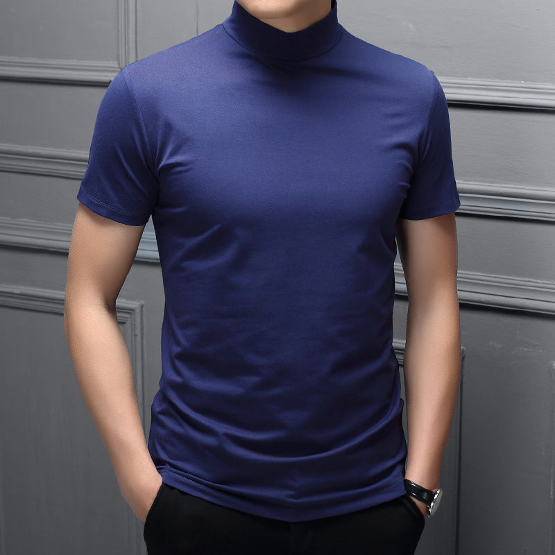 A drop-hair spring and summer men's half-high-neck milk silk short-sleeved slim T-shirt men's solid color high-neck trend base shirt