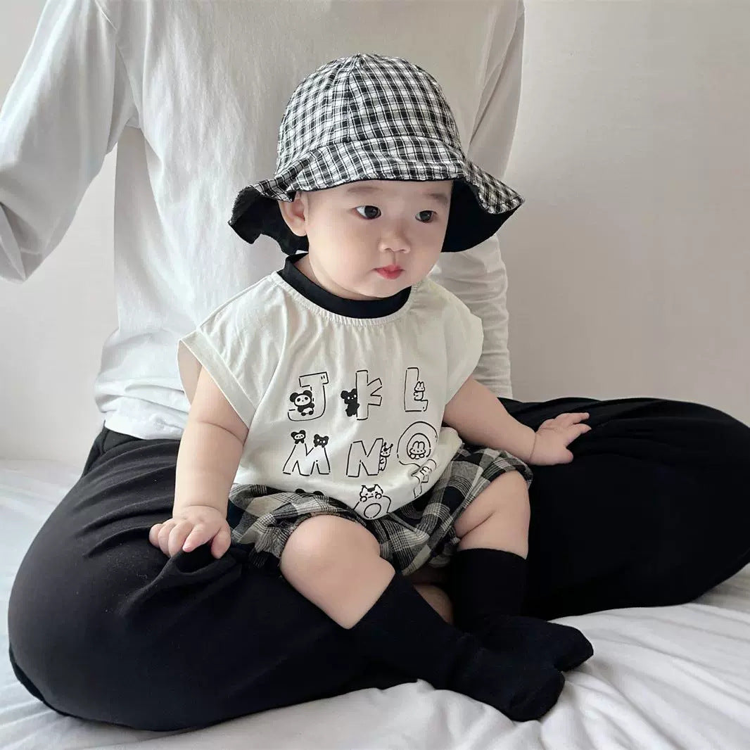 Summer T-shirt two-piece set men's treasure handsome men's and women's children's clothing alphabet plaid shorts set cotton kids short sleeves