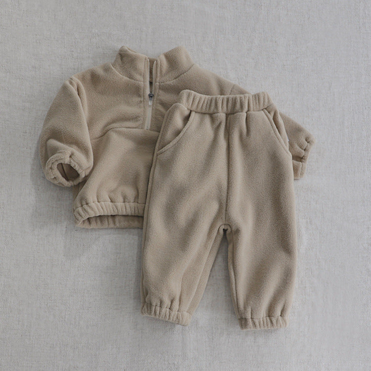 2025 Fall/Winter Baby Double-Sided Fleece Stand Collar Sports Set Baby Fleece Set Baby Wear Two-Piece Outer Set