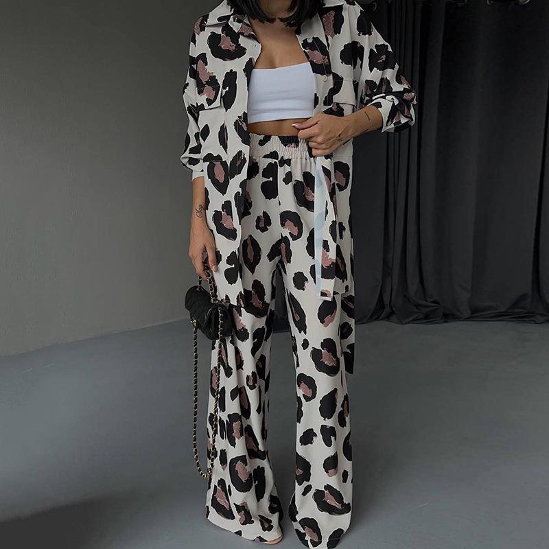 European and American casual suits, foreign trade women's clothing, 2023 autumn new products, printed design, long-sleeved shirt, wide-leg pants, two-piece set
