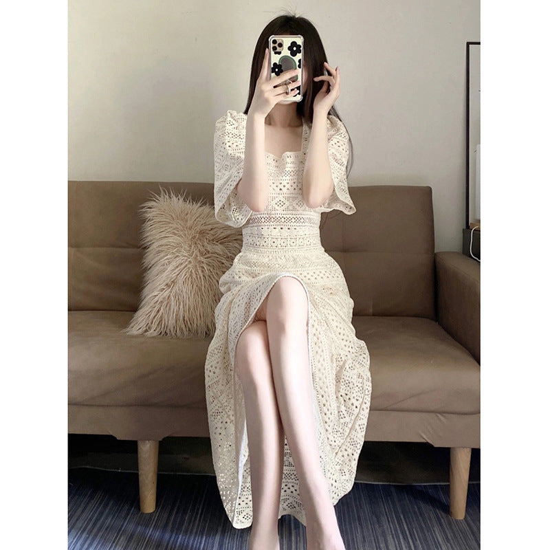 French temperament cut-out lace dress 2024 new summer sister light mature style thin square neck long skirt women
