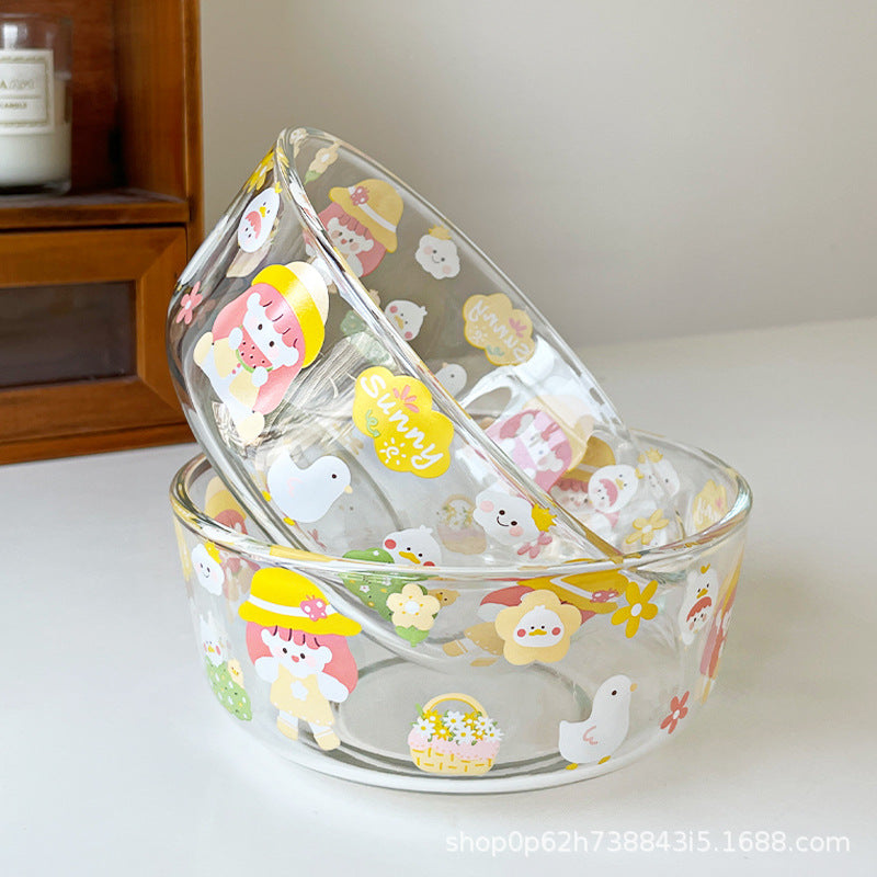 Cartoon glass bowl, high value, high temperature resistant small bowl, household kitchen cutlery set, soup bowl, rice bowl, fruit salad bowl
