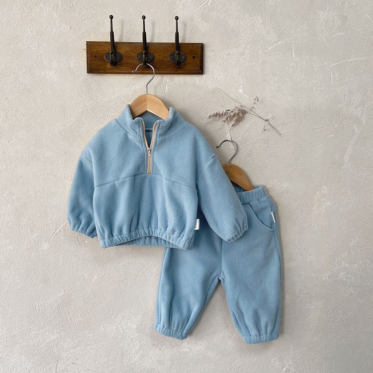 2025 Fall/Winter Baby Double-Sided Fleece Stand Collar Sports Set Baby Fleece Set Baby Wear Two-Piece Outer Set