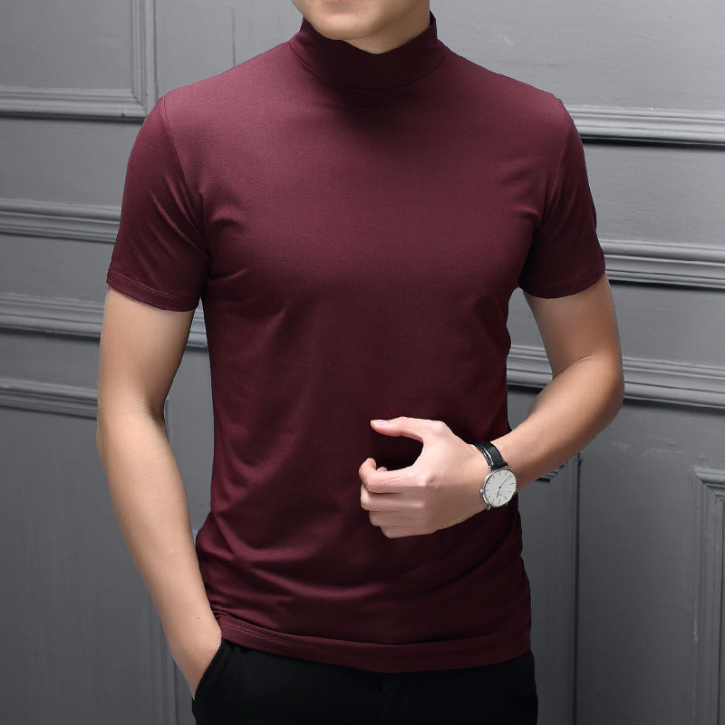 A drop-hair spring and summer men's half-high-neck milk silk short-sleeved slim T-shirt men's solid color high-neck trend base shirt