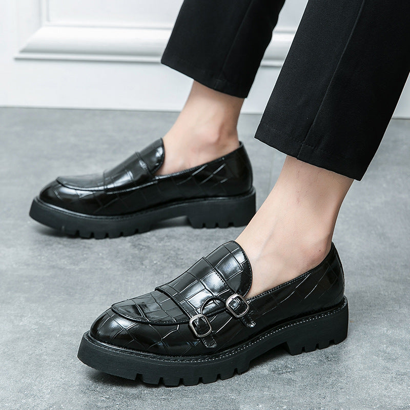 2023 new size double pin buckle loafers men's patent leather shiny block heel platform sole heightened hairstylist casual leather shoes