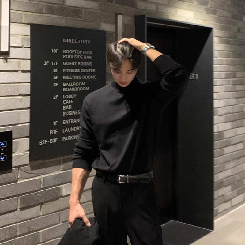 De velvet semi-high neck base shirt men's autumn with coat suit with fleece mature and stable men's long-sleeved t-shirt