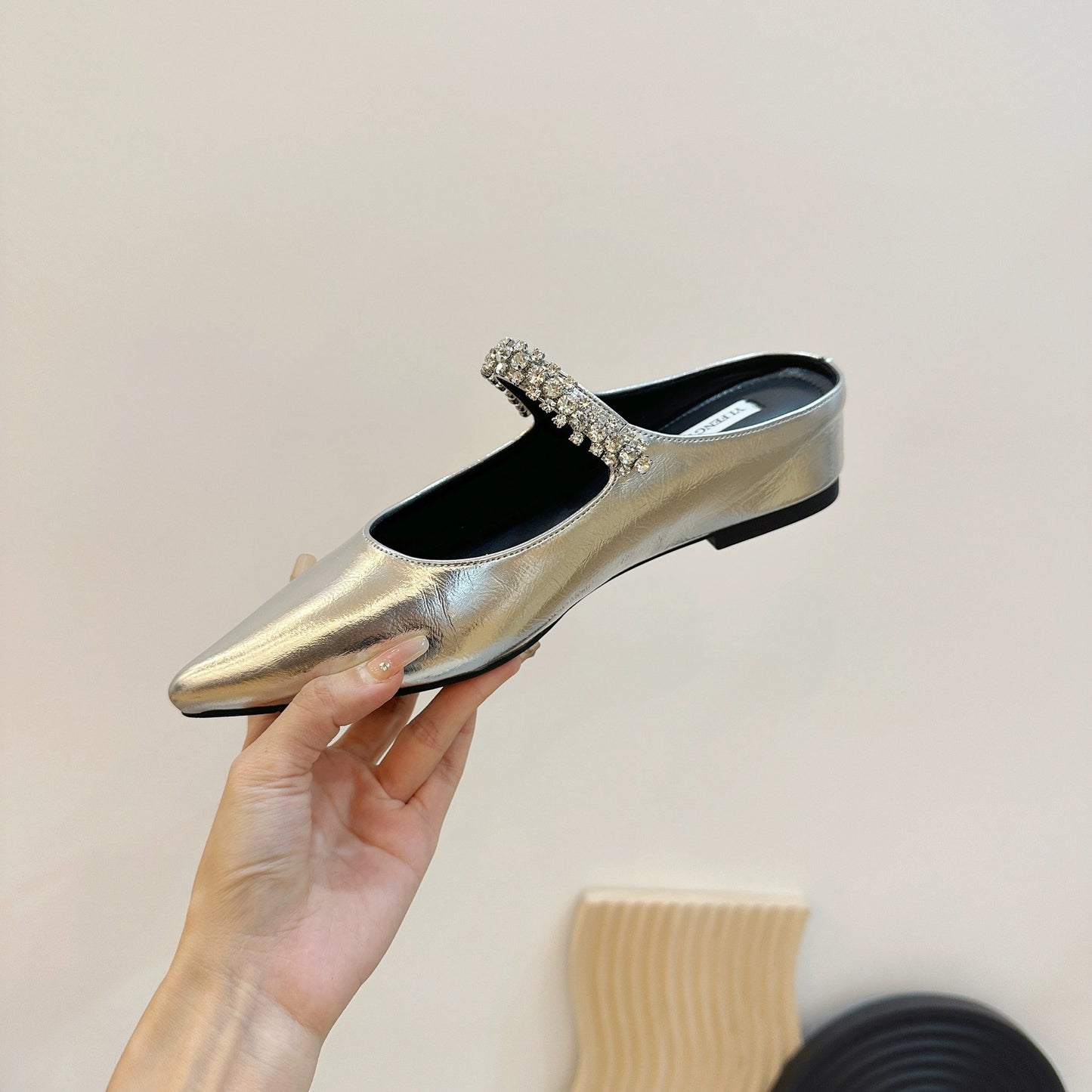 Lambskin ~ 5CM inner height increase half slippers women's summer wear pointed toe rhinestone silver mules toe toe sandals women