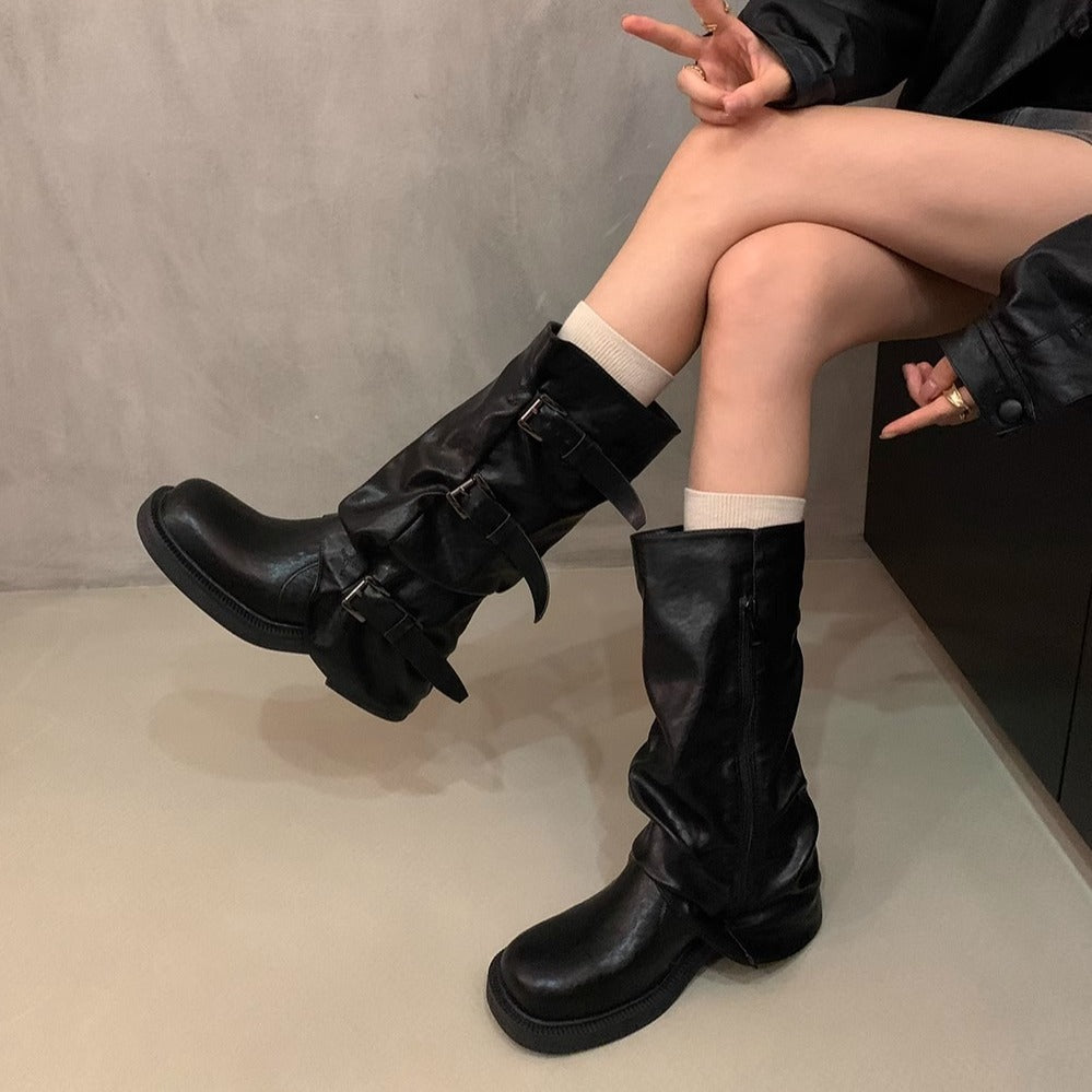 Niche vintage block heel mid-height boots, western cowboy pile boots, rider boots, early fall martin boots, French women's boots