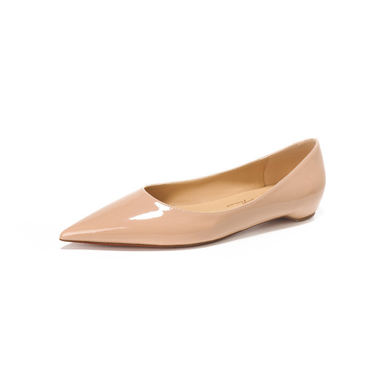 Women's pointed toe inner height: 3CM heel flat shoes, patent leather solid color, versatile casual pumps