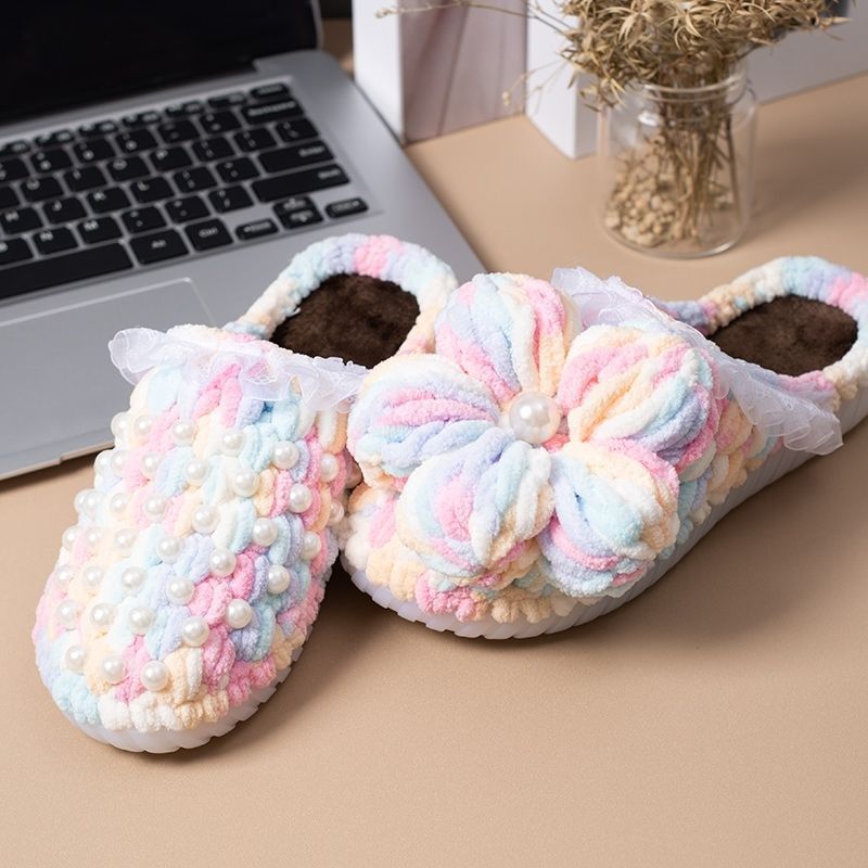 Hand-crocheted puff flower slippers crystal sole slippers anti-slip ice strip wool pearl crystal sole material bag