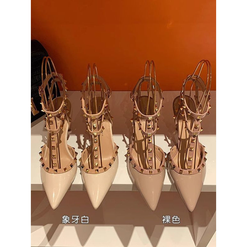 Hong Kong Rivet High Heels Women's Summer 2025 New Pointed Toe Stiletto White Willow Ding Non-Tired Foot Sandals Single Shoes