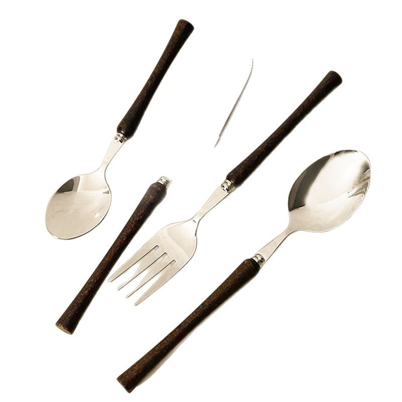 Cross-border 304 stainless steel wooden handle western tableware shiny small waist steak knife, fork spoon, dessert spoon four-piece set