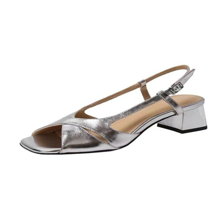 French Open Toe Block Heel Sandals Women's Summer 2025 New Rear Strap Square Toe Gold & Silver Versatile Hollow Heels