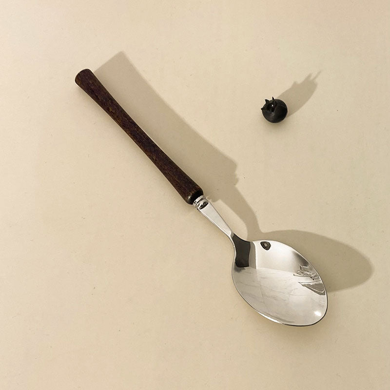 Cross-border 304 stainless steel wooden handle western tableware shiny small waist steak knife, fork spoon, dessert spoon four-piece set