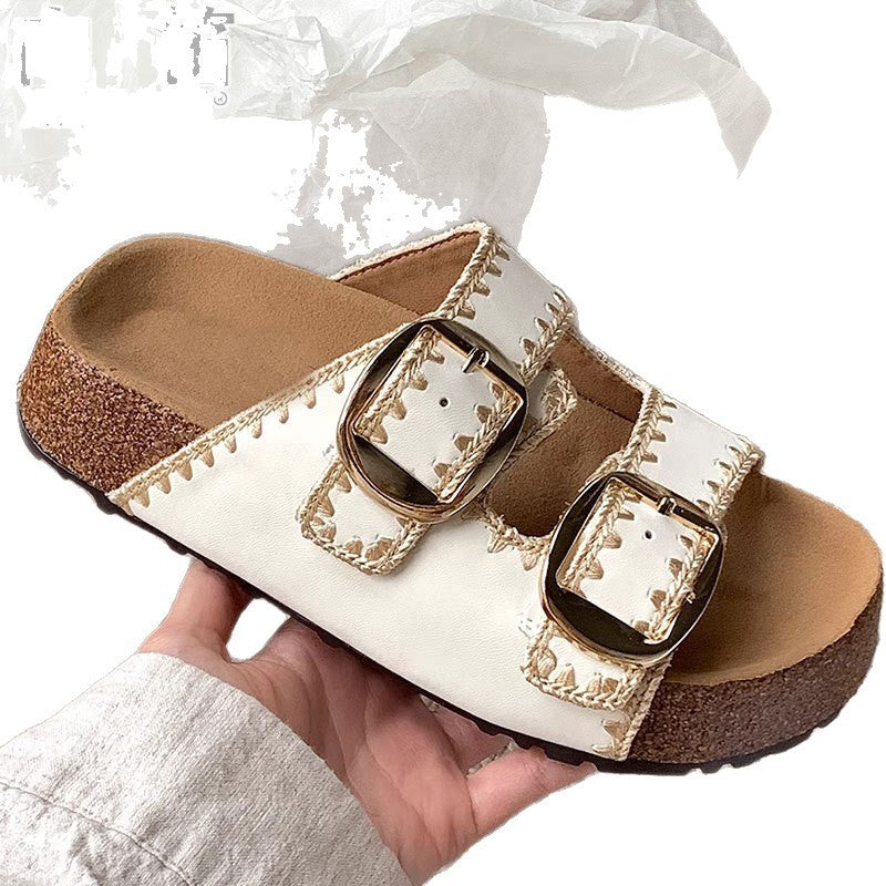 Cowhide version of Birkenstock slippers women's summer can be worn with retro belt buckle slippers, casual beach open-toe sandals