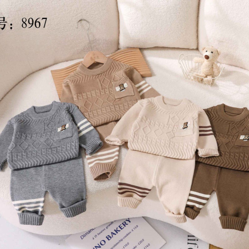Knitted woolen set for boys and girls vintage cable craft 2024 autumn winter baby Korean sweater knitted trouser cover