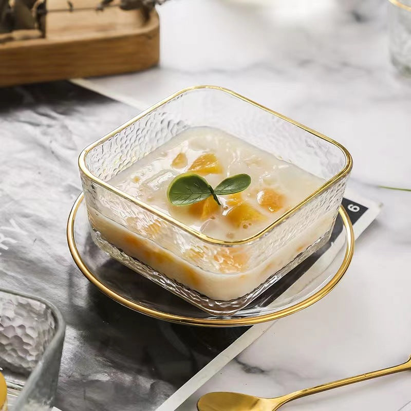 Breakfast bowl, hammered gold edged glass bowl, household bowl, fruit salad, oatmeal ice cream, square dessert bowl