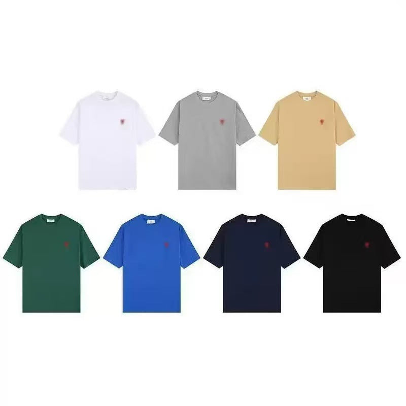 AMI &EANM2025 Hot Selling T-Shirt Men's Heart Embroidery Loose Dropped Sleeves Summer Fashion Short Sleeve Top