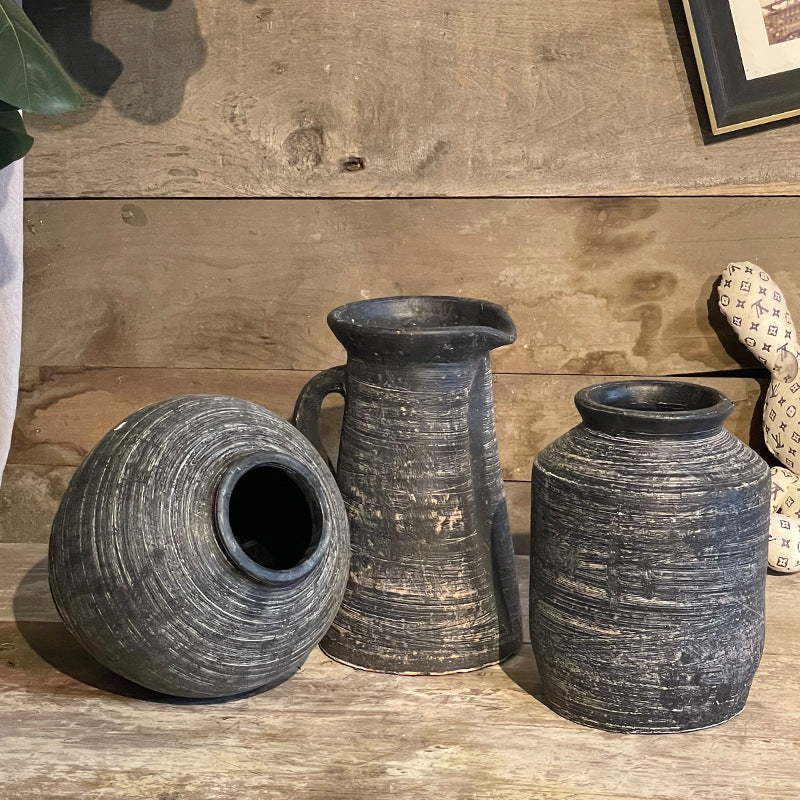 Ceramic vase, wabi-sabi style, new Chinese retro stoneware, Japanese style, old clay tiles, stoneware pots, dried flowers, home flower arrangement