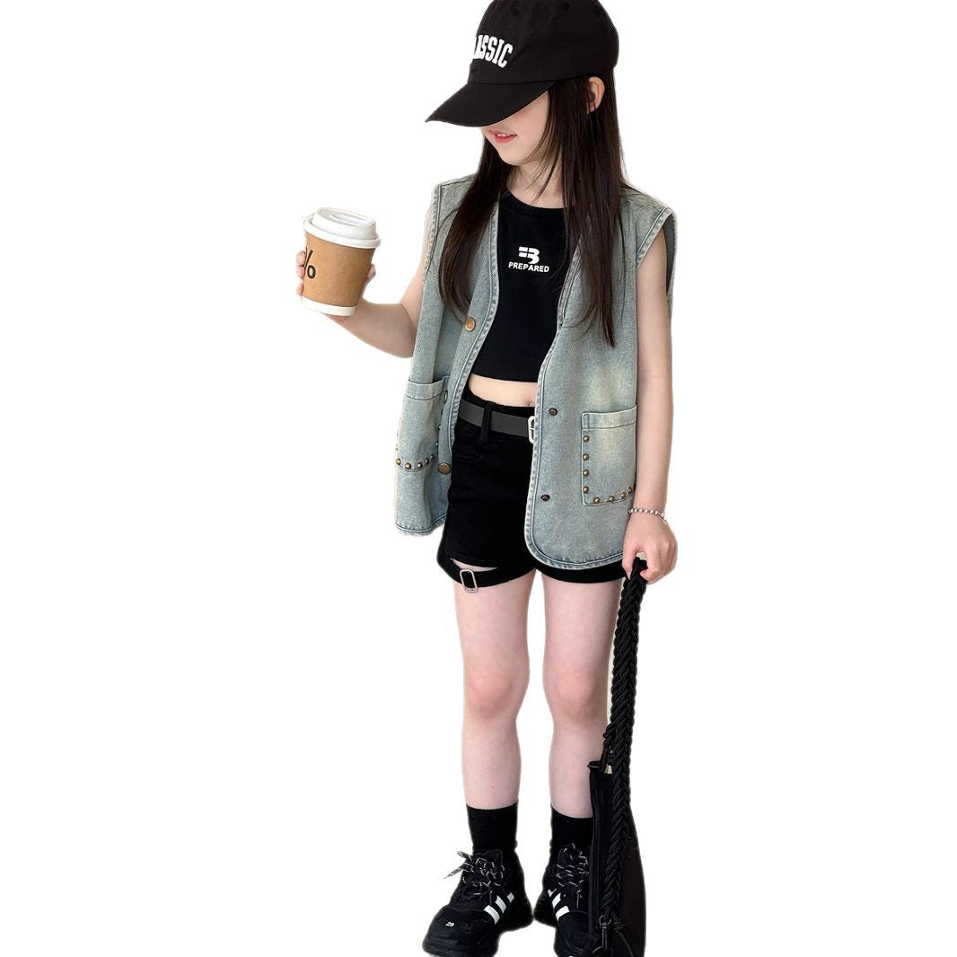 No refund or exchange Girls' summer thin studded vest denim jacket Children's Korean version mid-length sleeveless vest