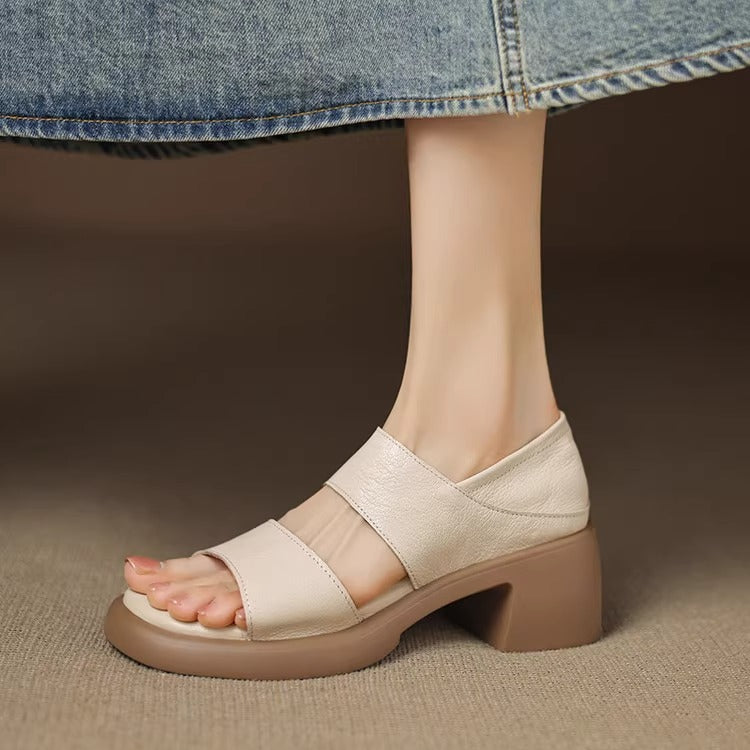 Soft leather version ~ 6cm ultra-soft leather soft sole with fish mouth sandals for women wearing block heels and high heels Roman shoes in summer